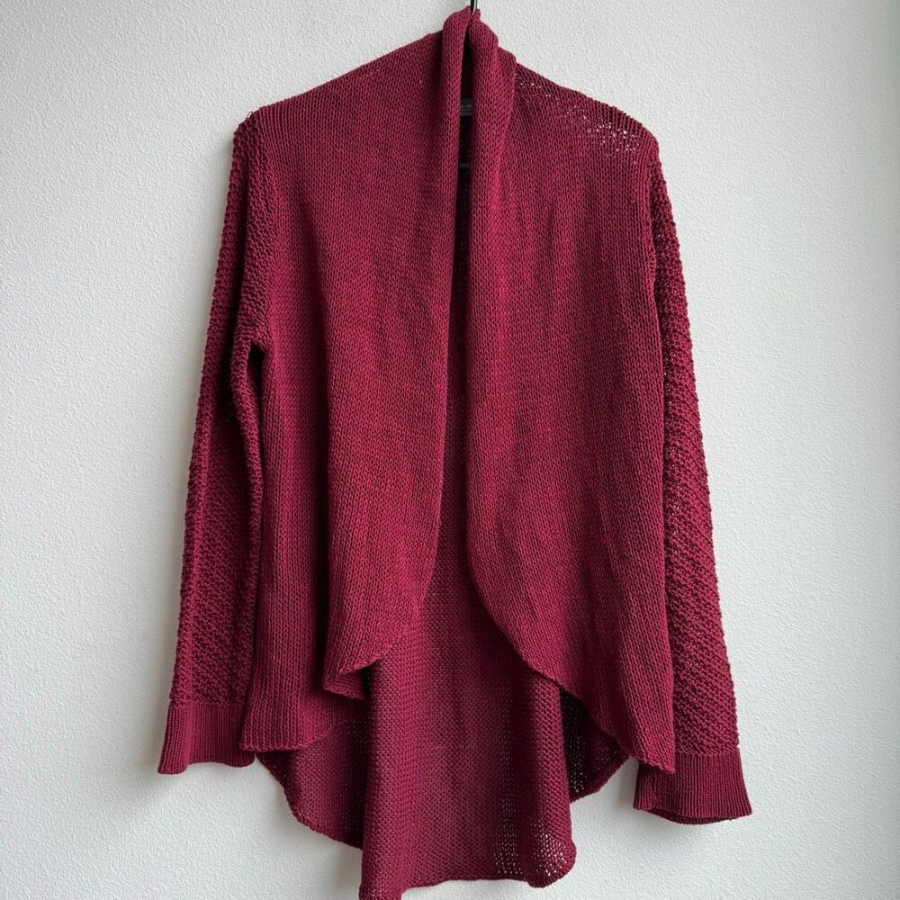 Wooden Ships Cardigan Open Front Knit Crochet Red Burgundy Size Medium Large